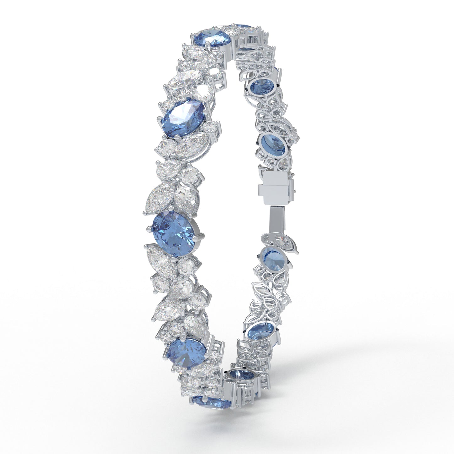 Handmade Gorgeous Lab - Grown Sapphire & Diamond Bracelet, 9K/14K/18K White Gold Optional, Total Weight 10CT/12CT/15CT