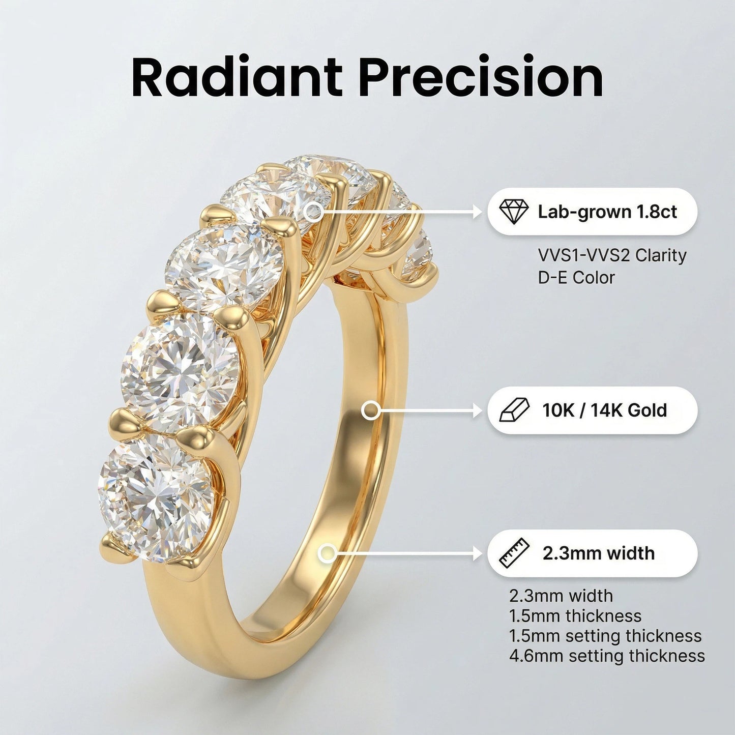 1.8ct Lab Grown Diamond Ring (6 Stones, VVS1-VVS2 D-E Color) in 10K/14K/Yellow Gold, Proposal Wedding Anniversary Band for Women