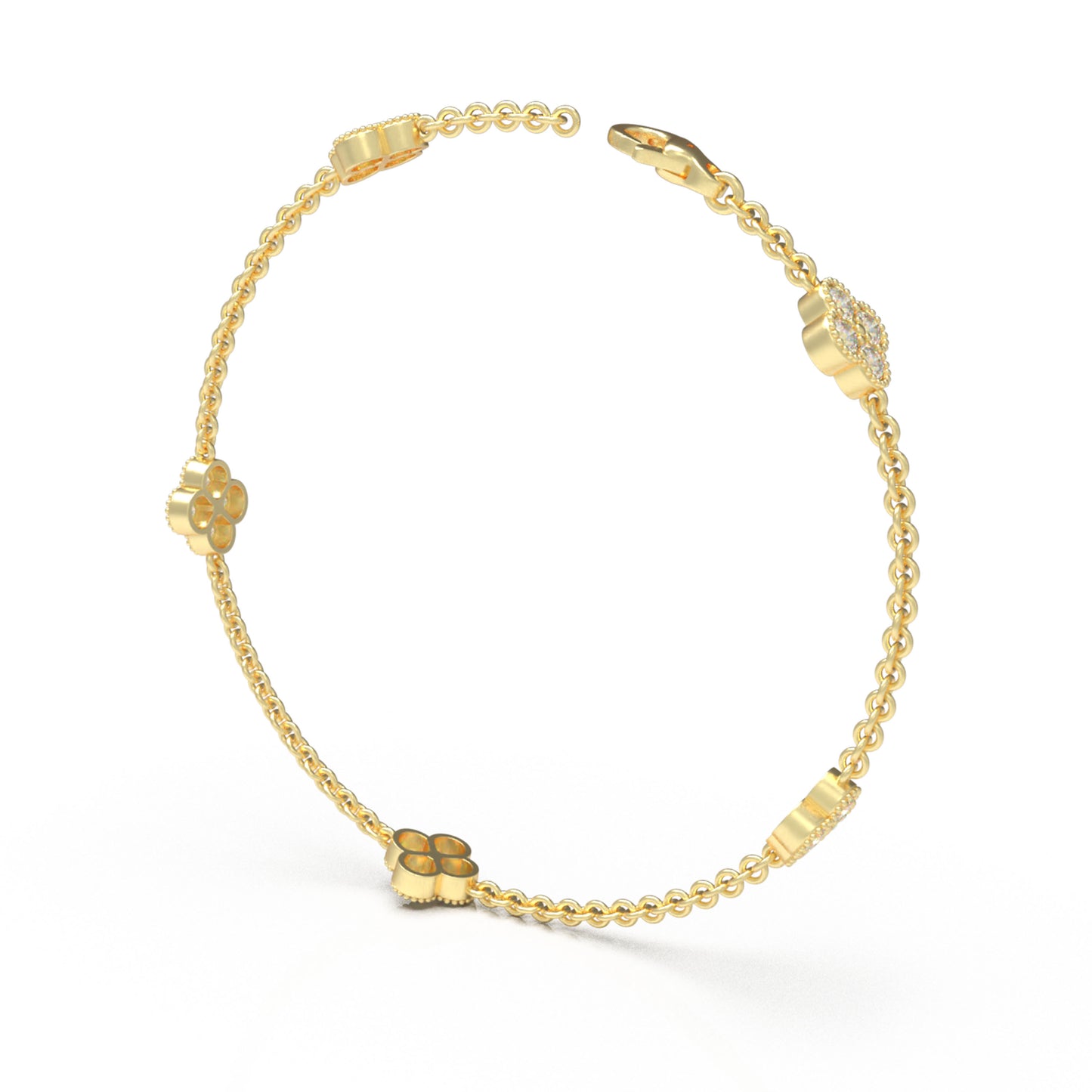 Sterling Silver 14K Gold Plated Four Leaf Clover Lucky Bracelet with 1ct/2ct/3ct Moissanite Stones, Gift for Her