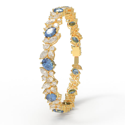 925 Sterling Silver 14K Gold Plated Marquise Bracelet – 11 Lab-Created Marquise Sapphires & 33 Pear Moissanite, 10ct/12ct/15ct Total Carat, Luxury Jewelry Gift for Wife, Mother, Sister