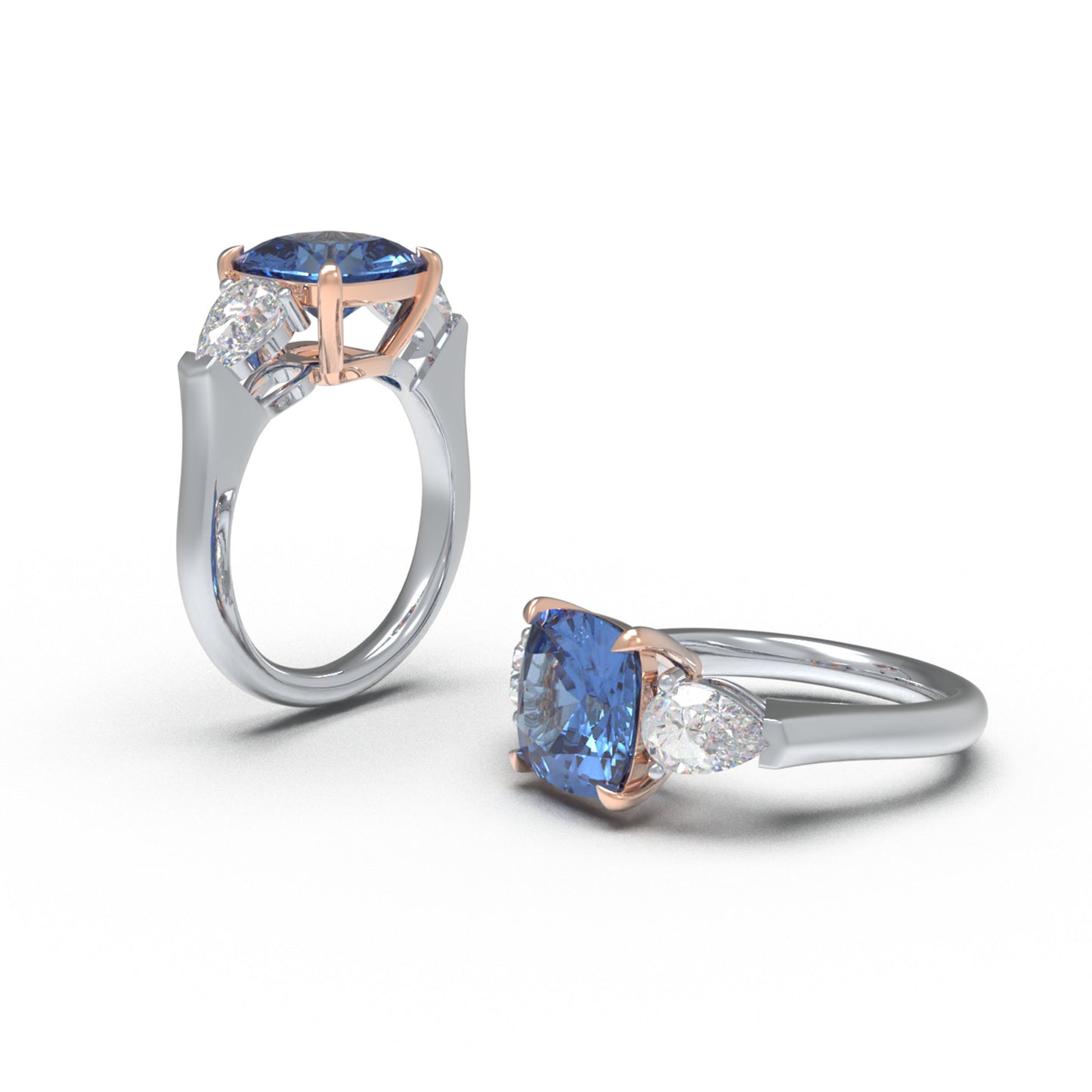 Handmade Three - Stone Ring with Lab - Grown Sapphire (2.8CT/4CT) & Lab - Grown Diamond Accents, 9K/14K/18K White Gold & Platinum Optional