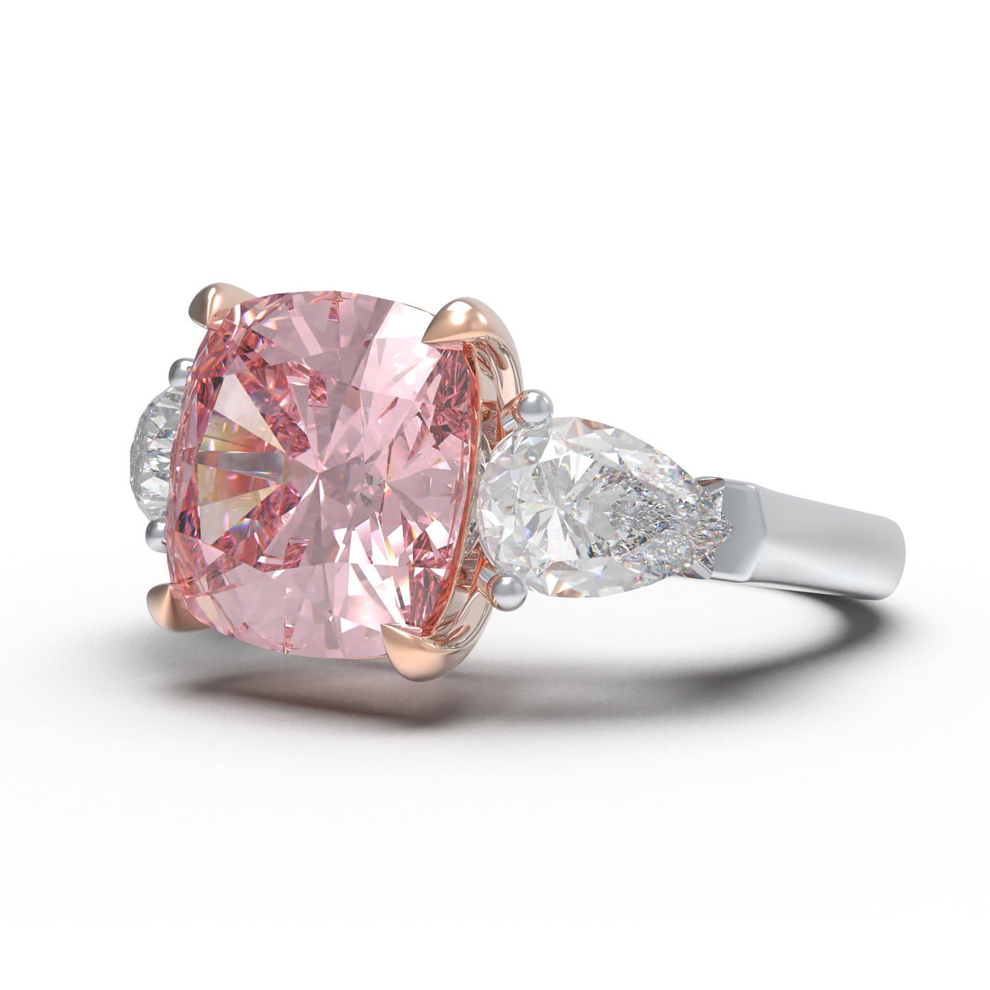 2ct Lab-Grown Pink Cushion Cut Diamond Engagement Ring, 0.8ct Labgrown Pear diamond Side Stones (0.4ct/ea VVS1-VVS2, D-E color) , 10K/14K/18K White Gold or Platinum with Rose Gold Prongs, Wedding & Anniversary Ring