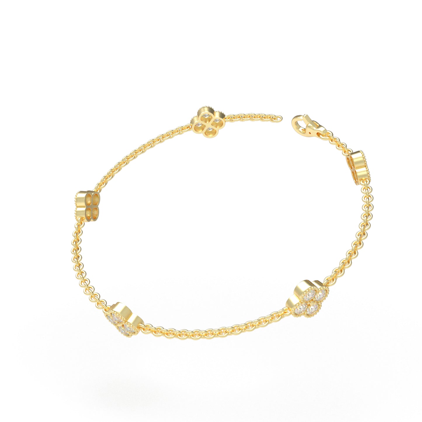 Sterling Silver 14K Gold Plated Four Leaf Clover Lucky Bracelet with 1ct/2ct/3ct Moissanite Stones, Gift for Her