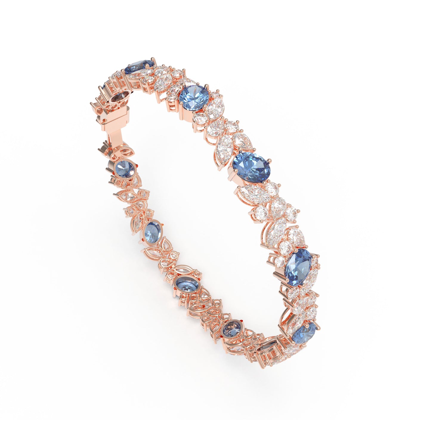 925 Sterling Silver 14K Rose Gold Plated Marquise Bracelet – 11 Lab-Created Marquise Sapphires & 33 Pear Moissanite, 10ct/12ct/15ct Total Carat, Luxury Jewelry Gift for Wife, Mother, Sister