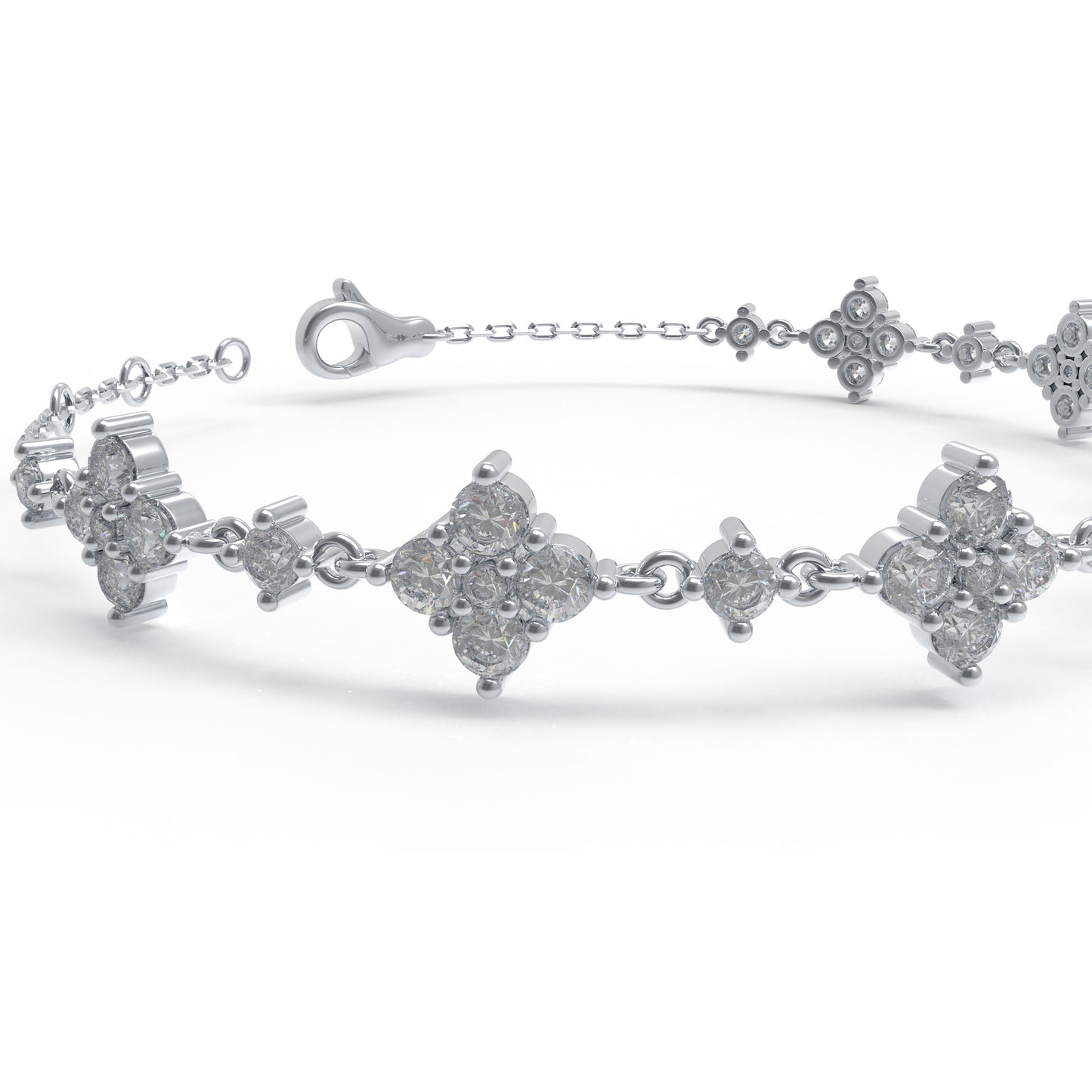Ophelia Eternity Women's White Gold or 950 Platinum Four Leaf Clover Bracelet | 2ct/3ct Lab Diamond | Adjustable Lucky Jewelry for Anniversary, Mother's Day Gift