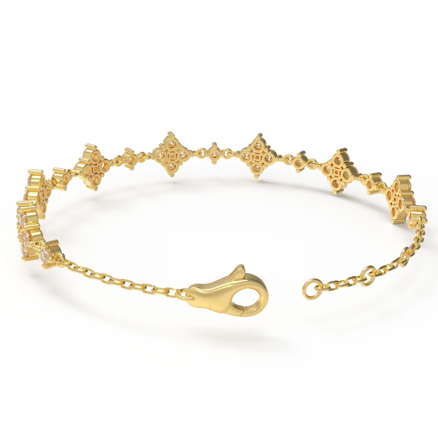 Ophelia Eternity Women's Yellow Gold Four Leaf Clover Bracelet | 2ct/3ct Lab Diamond | Adjustable Lucky Jewelry for Anniversary, Mother's Day Gift