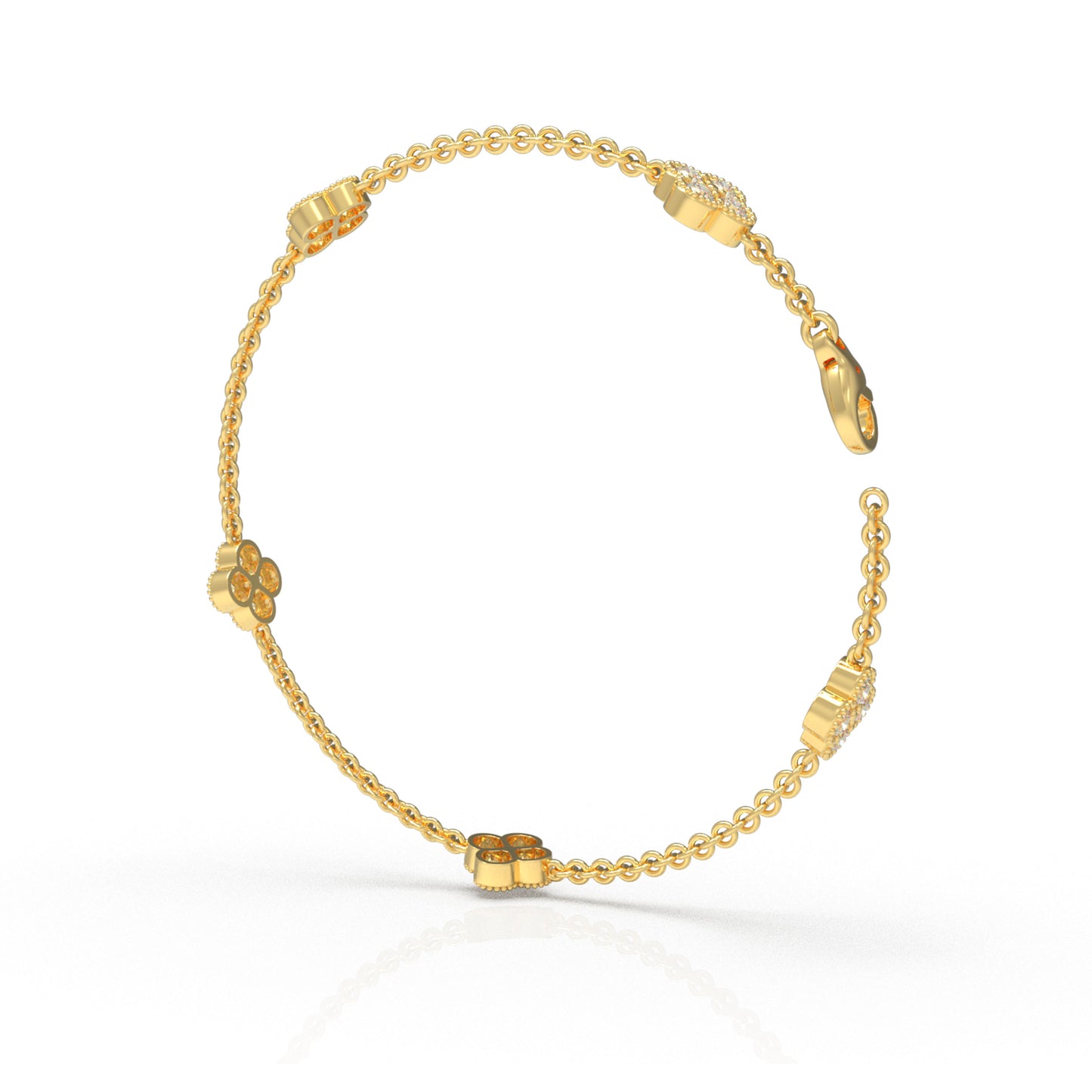 Sterling Silver 14K Gold Plated Four Leaf Clover Lucky Bracelet with 1ct/2ct/3ct Moissanite Stones, Gift for Her