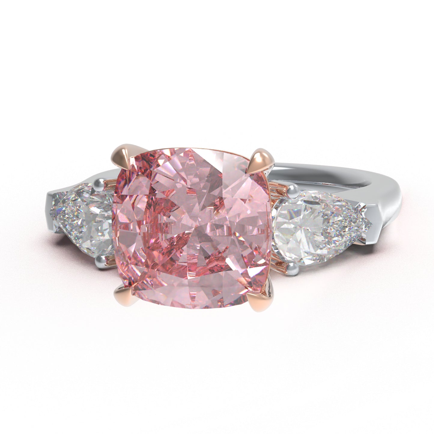 2ct Lab-Grown Pink Cushion Cut Diamond Engagement Ring, 0.8ct Labgrown Pear diamond Side Stones (0.4ct/ea VVS1-VVS2, D-E color) , 10K/14K/18K White Gold or Platinum with Rose Gold Prongs, Wedding & Anniversary Ring