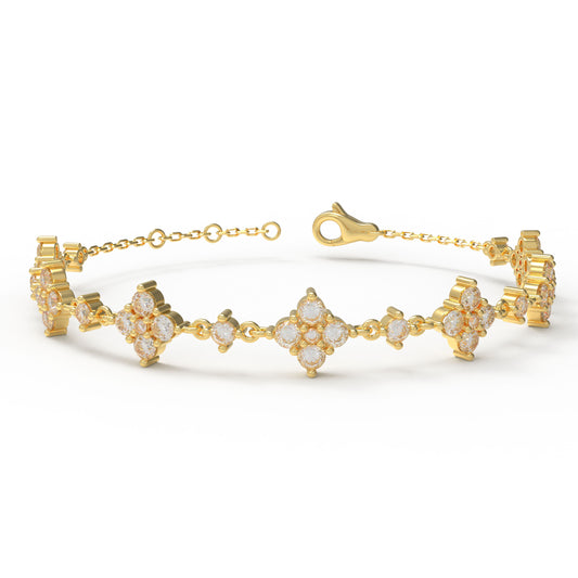 Ophelia Eternity Women's Yellow Gold Four Leaf Clover Bracelet | 2ct/3ct Lab Diamond | Adjustable Lucky Jewelry for Anniversary, Mother's Day Gift