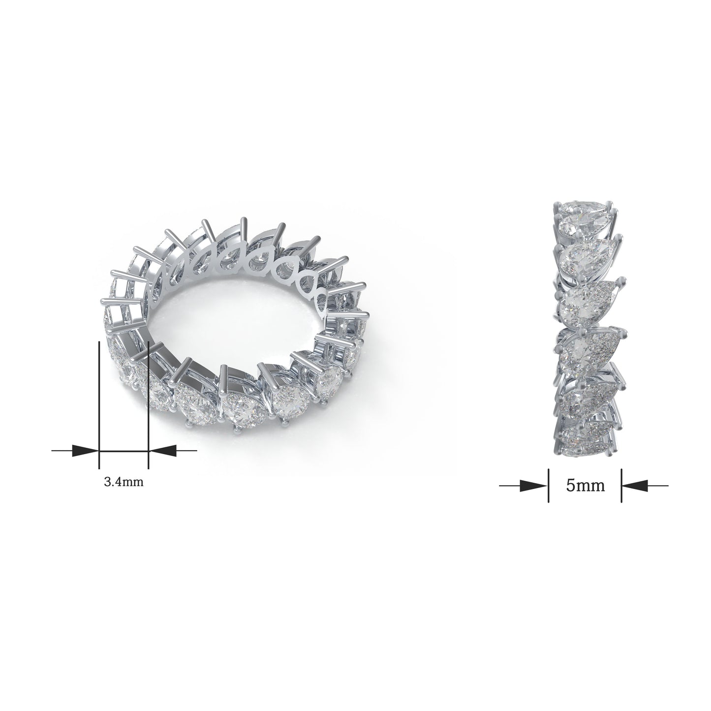 925 Sterling Silver Pear Cut Lab Created Moissanite Eternity Band 3CT Wedding Anniversary Ring