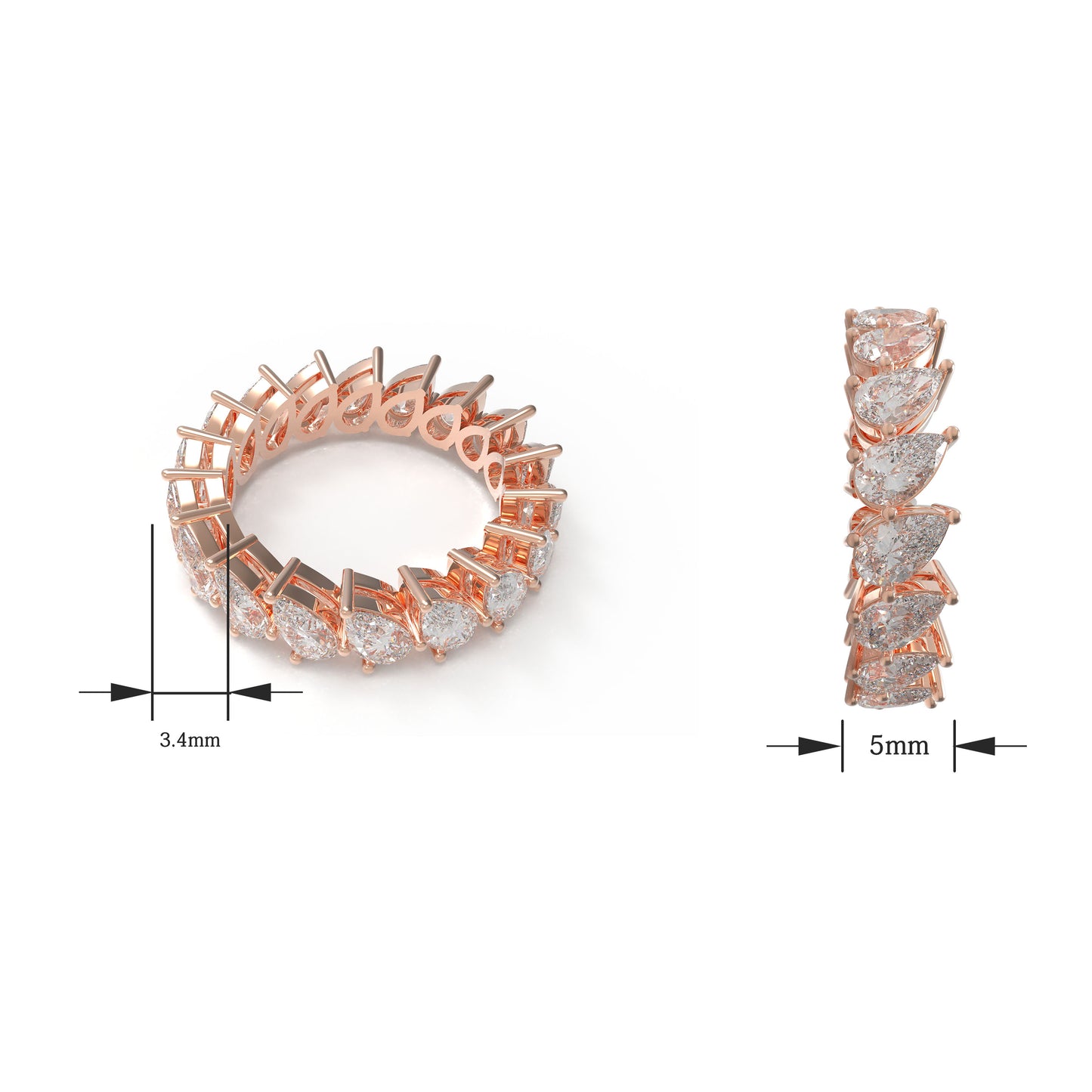 10K/14K Rose Gold Pear Lab Grown Diamond Eternity Band 3CT Wedding Proposal Anniversary Ring