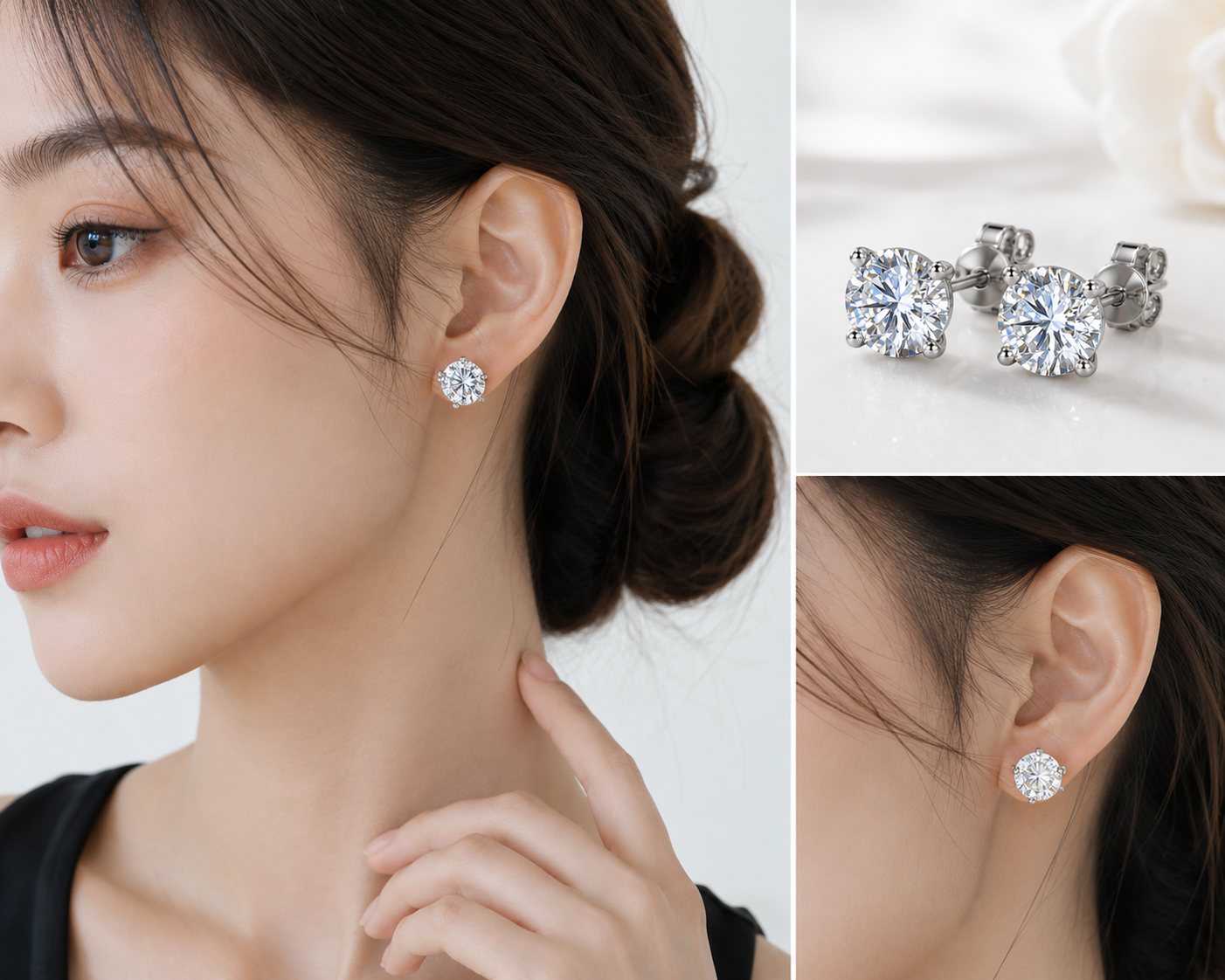 14K/18K Gold Platinum Round Moissanite Stud Earrings D-E VS1 1CT/2CT/3CT Solitaire 3 Prong Earring