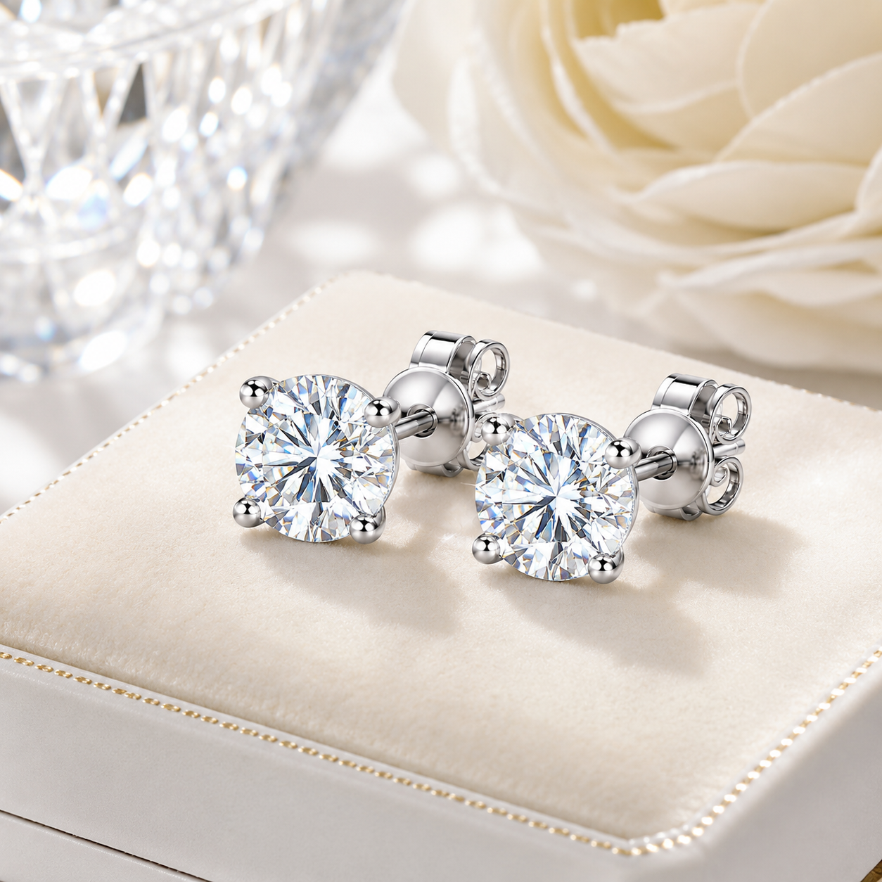 14K/18K Gold Platinum Round Moissanite Stud Earrings D-E VS1 1CT/2CT/3CT Solitaire 3 Prong Earring