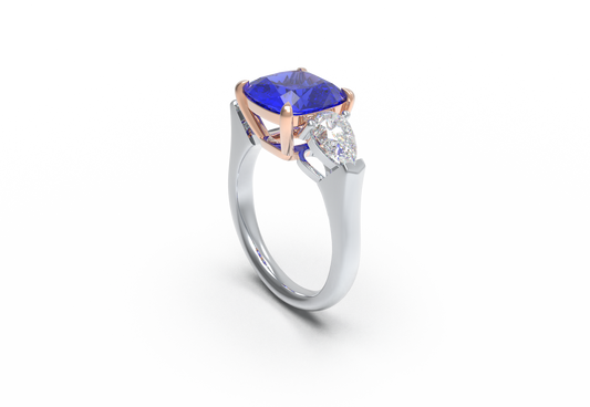 Handmade Three - Stone Ring with Lab - Grown Sapphire (2.8CT/4CT) & Lab - Grown Diamond Accents, 9K/14K/18K White Gold & Platinum Optional