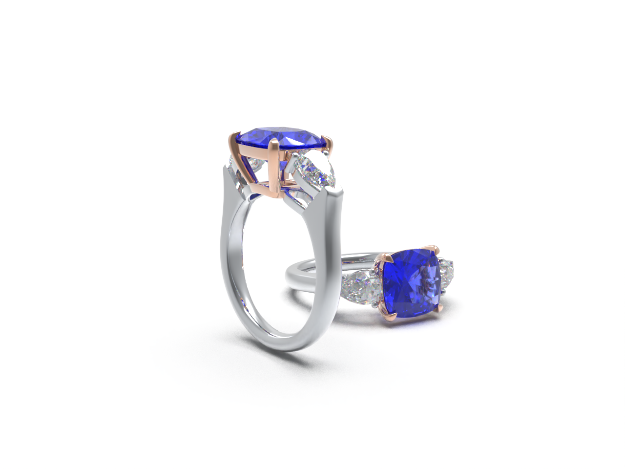 Handmade Three - Stone Ring with Lab - Grown Sapphire (2.8CT/4CT) & Lab - Grown Diamond Accents, 9K/14K/18K White Gold & Platinum Optional
