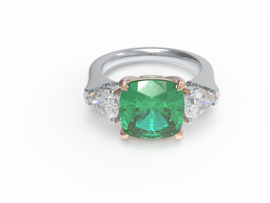Handmade Three - Stone Ring with Lab - Grown Emerald (2.8CT/4CT) & Lab - Grown Diamond Accents, 9K/14K/18K White Gold & Platinum Optional