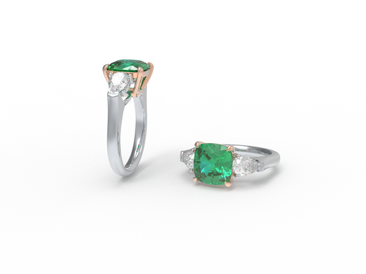 Handmade Three - Stone Ring with Lab - Grown Emerald (2.8CT/4CT) & Lab - Grown Diamond Accents, 9K/14K/18K White Gold & Platinum Optional