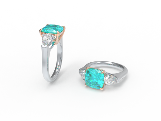Handmade Three - Stone Ring with Lab - Grown Paraiba Diamond (2.8CT/4CT) & Lab - Grown Diamond Accents, 9K/14K/18K White Gold & Platinum Optional