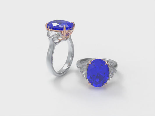 Handmade 3 - Diamond Ring with 2.8CT/4CT Lab - Grown Blue Main Diamond, 9K/14K/18K White Gold, Ideal for Proposal, Wedding, Anniversary