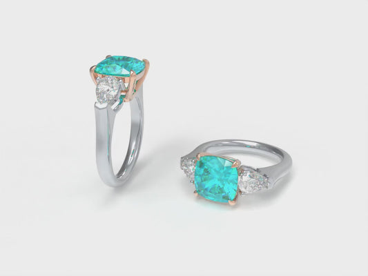 Handmade Three - Stone Ring with Lab - Grown Paraiba Diamond (2.8CT/4CT) & Lab - Grown Diamond Accents, 9K/14K/18K White Gold & Platinum Optional