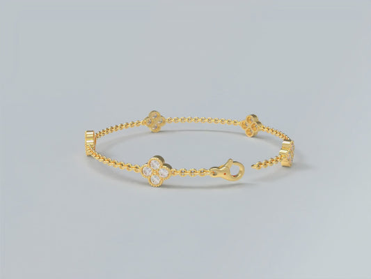 Handmade Four - Leaf Clover Bracelet with Lab - Grown Diamonds (VVS1 - VVS2 Clarity) in 9K/14K/18K Yellow Gold