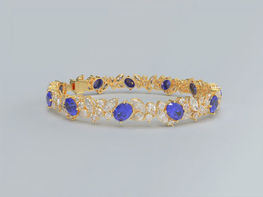 Handmade Gorgeous Lab - Grown Sapphire & Diamond Bracelet, 9K/14K/18K Yellow Gold Optional, Total Weight 10CT/12CT/15CT