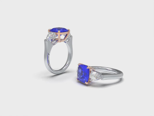 Handmade Three - Stone Ring with Lab - Grown Sapphire (2.8CT/4CT) & Lab - Grown Diamond Accents, 9K/14K/18K White Gold & Platinum Optional