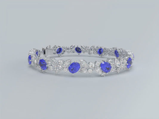Handmade Gorgeous Lab - Grown Sapphire & Diamond Bracelet, 9K/14K/18K White Gold Optional, Total Weight 10CT/12CT/15CT