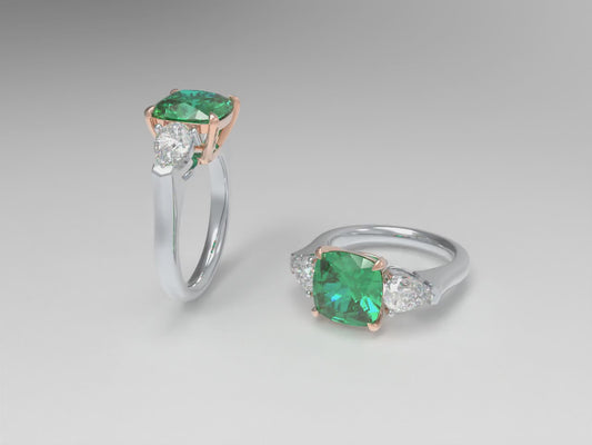 Handmade Three - Stone Ring with Lab - Grown Emerald (2.8CT/4CT) & Lab - Grown Diamond Accents, 9K/14K/18K White Gold & Platinum Optional